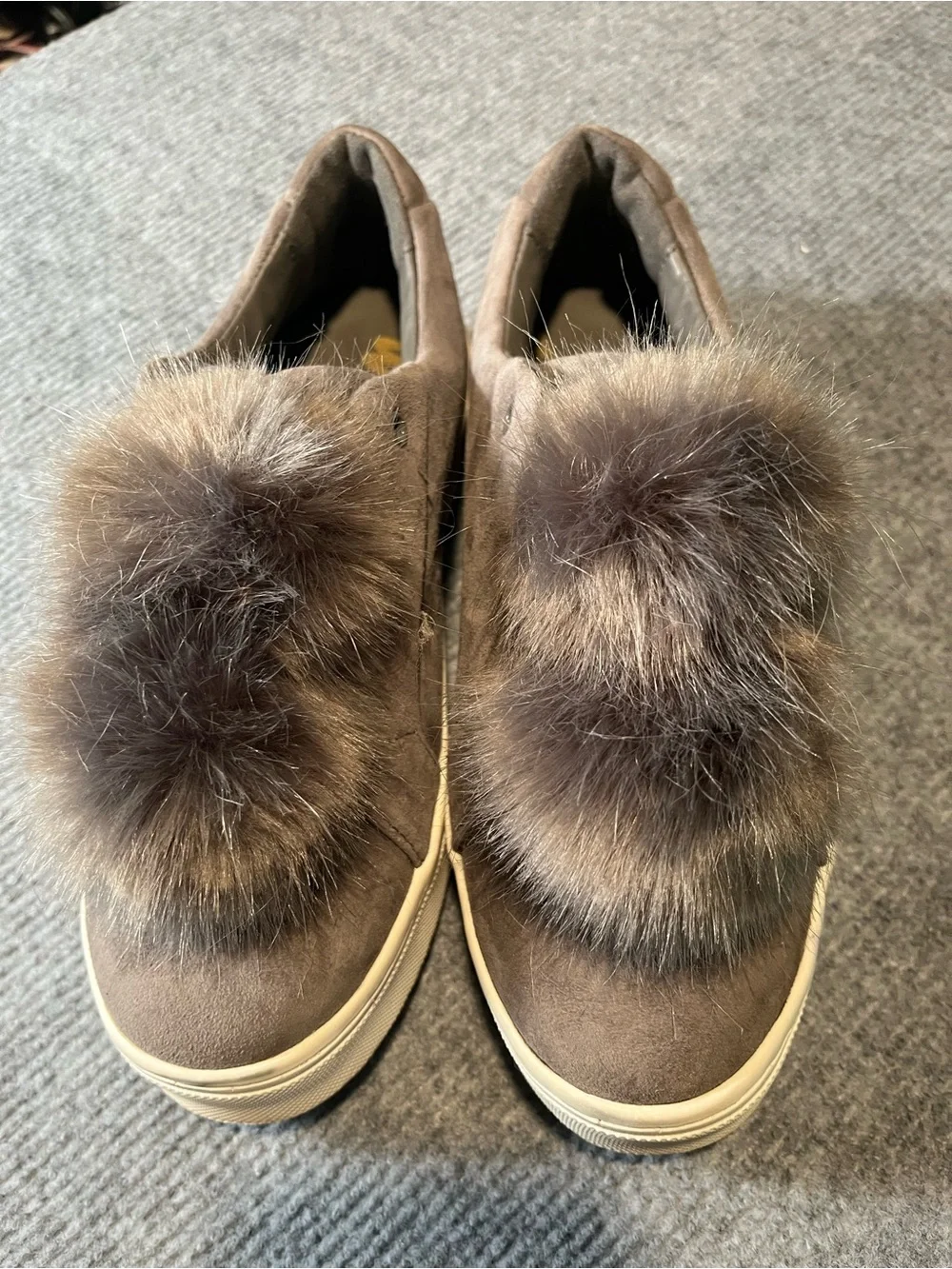 Sam Edelman Gray Faux-Fur Pom Slip-On Sneakers